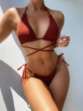Textured Halter Neck Tie Side Bikini Set - OmniGlitz 
