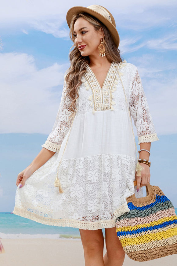 Tassel Spliced Lace Cover Up - OmniGlitz 